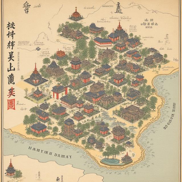 江戸時代の地図に家紋風の植物イラストが配置された復元図