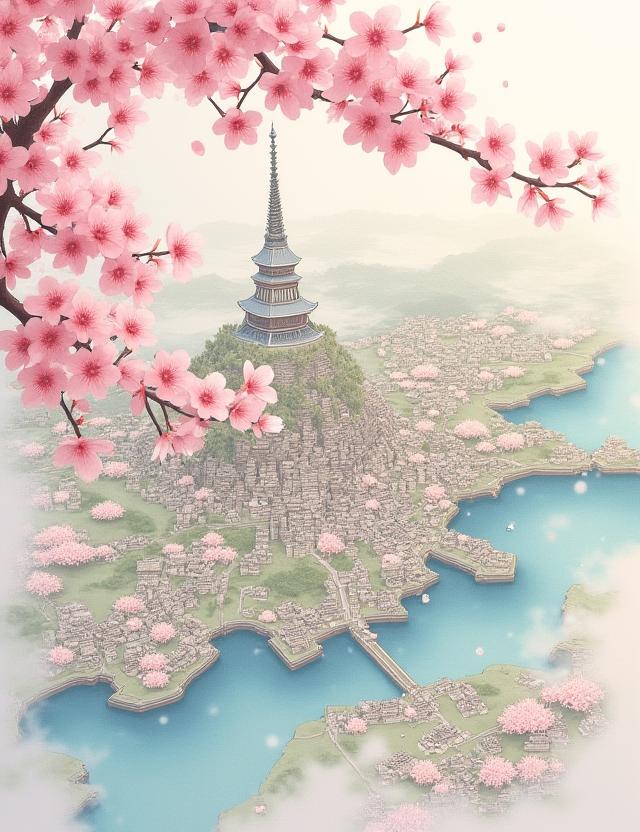 桜のイラストが散りばめられた京都の美しい地図