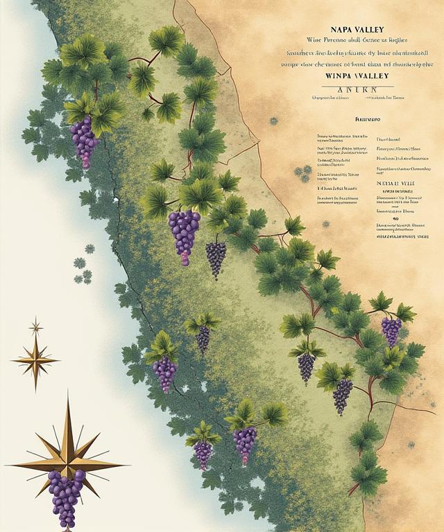 ブドウのイラストと地理情報が組み合わさったワイン産地の地図